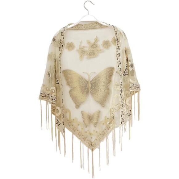 Women’s Elegant Butterfly Print Shawls Wraps Beige - Picture 5 of 6